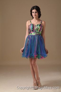 Multi-color A-line Straps Mini-length Organza and Printing Beading Prom Dress