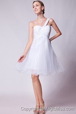 White A-line One Shoulder Mini-length Organza Beading Prom Dress