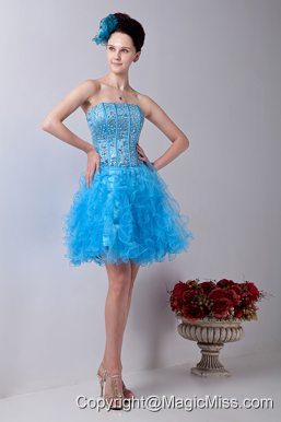 Baby Blue A-line Strapless Mini-length Organza Beading Prom / Homecoming Dress