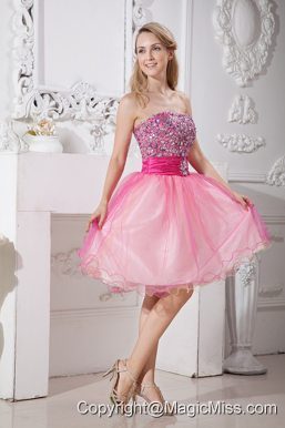 Pink A-line Strapless Knee-length Taffeta and Organza Beading Prom Dress