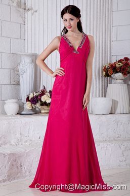 Hot Pink Empire Prom / Evening Dress V-neck Brush Train Chiffon Beading