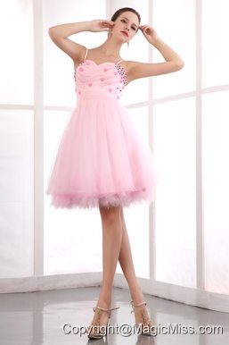Pink A-line Straps Mini-length Organza Beading Prom Dress