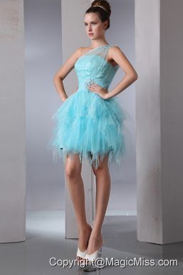 Aqua Blue Column One Shoulder Asymmetrical Organza Beading Prom Dress