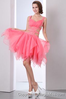Watermelon A-line Straps Asymmetrical Organza Beading Prom Dress