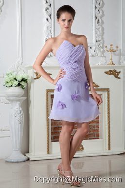 Lilac Empire Sweetheart Knee-length Chiffon Ruch Hand Made Flowers Prom Dress