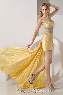 Yellow Column Straps High-low Taffeta Beading and Ruch Prom Dress