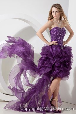Purple Column / Sheath Sweetheart High-low Organza Beading Prom Dress