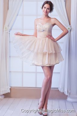 Champagne A-line Sweetheart Satin and Organza Mini-length Beading Prom Dress