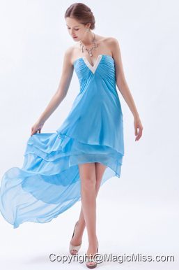 Baby Blue A-line / Princess V-neck High-lowChiffon Beading Prom Dress
