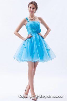 Baby Blue A-line / Princess One Shoulder Mini-length Organza Appliques Prom / Homecoming / Cocktail Dress
