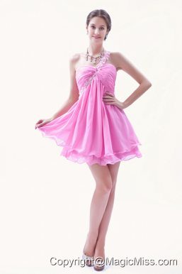 Rose Pink A-line / Princess One Shoulder Mini-length Organza Beading Prom Dress