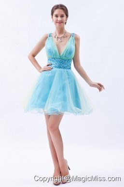 Blue A-line / Princess V-neck Mini-length Organza Sequins Prom / Evening / Homecoming / Cocktail Dress
