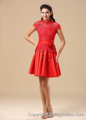 High-neck Red Prom Dress With Sash Lace and Taffeta In Juneau