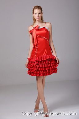 Beading and Bowknot Decorate Bodice Riffled Layers Red Taffeta Spaghetti Straps Knee-length 2013 Prom Dress