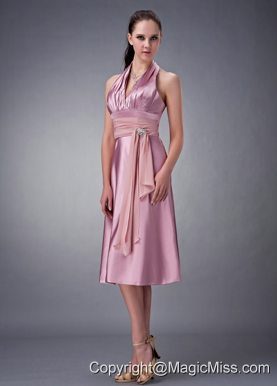 Lavender Empire Halter Tea-length Satin Beading Bridesmaid Dress