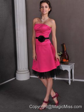 Hot Pink Empire Strapless Knee-length Satin and Tulle Hand Made Flowers Cocktail Dress