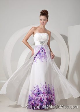 Popular White Empire Strapless Evening Dress Chiffon and Printing Beading Floor-length