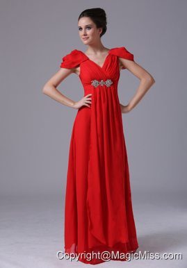 Beading V-neck Empire Chiffon Short Sleeves Red Chiffon Prom Dress