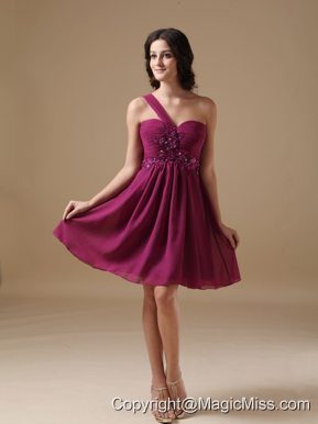 Purple A-line One Shoulder Mini-length Chiffon Beading Prom Dress