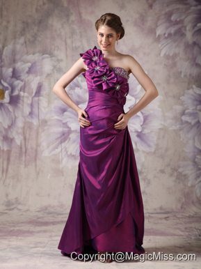 Beautiful Eggplant Purple Column One Shoulder Prom Dress Taffeta Beading And Hand Made Flowers Floor-length