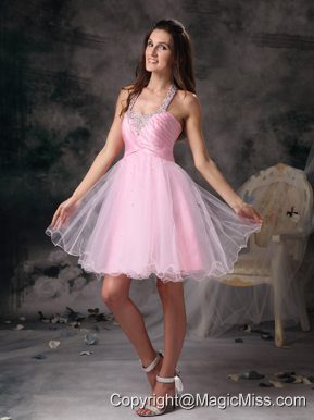 Pink Column Straps Mini-length Organza Beading Prom Dress