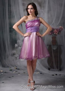 Lavender A-line One Shoulder Mini-length Beading Prom Dress
