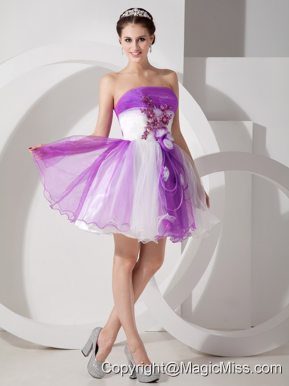 Purple and White A-line Strapless Mini-length Organza Hand Made Flowers Prom Dress