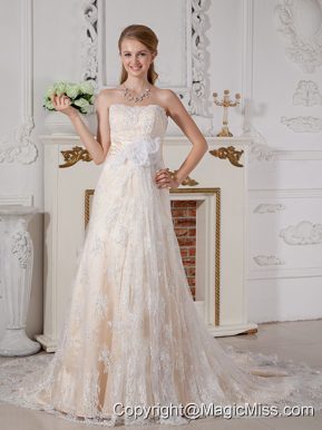 Lovely A-line Strapless Court Train Lace Hand Made Flowers Wedding Dress