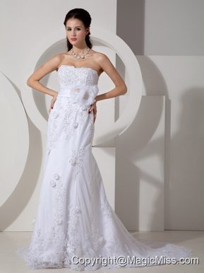 Elegant Mermaid Strapless Brush Train Lace Sash Wedding Dress