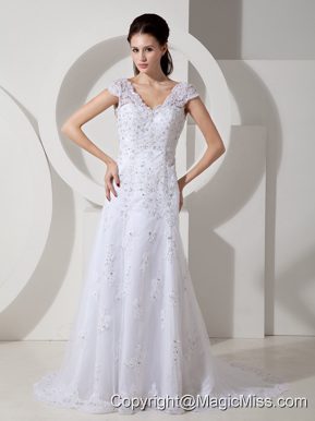 Modest Column V-neck Court Train Lace Beading Wedding Dress