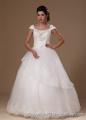 Scoop A-line Short Sleves Appliques Floor-length Perfect Taffeta and Tulle Wedding Dress For Customize