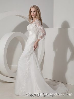 Formal A-line V-neck Chapel Train Organza Lace Wedding Dress