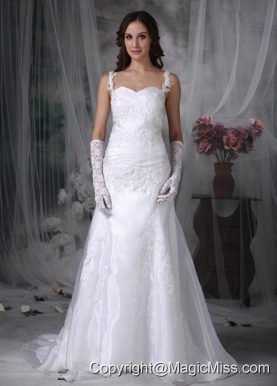 Sweet A-line Straps Brush Train Organza Appliques and Ruch Wedding Dress