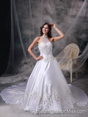 White A-line Halter Chapel Train Satin Embroidery and Beading Wedding Dress