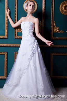 Formal A-line Strapless Floor-length Tulle and Taffeta Appliques Wedding Dress