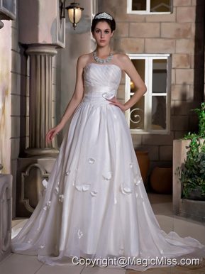 Exquisite A-line Strapless Chapel Train Taffeta and Organza Ruch and Hand Made Flowers Wedding Dress