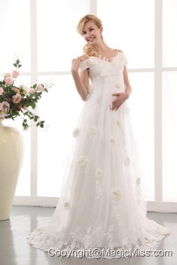 Modest A-line Off The Shoulder Court Train Tulle Appliques and Hand Made Flowers Maternity Dress
