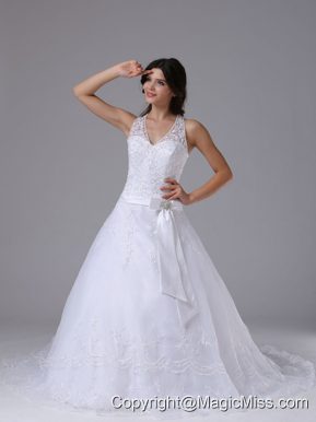Halter Bowknot and Lace Over Skirt For Elegant Wedding Dress Lace Court Train