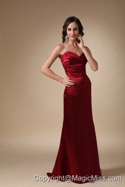 Wine Red Column Sweetheart Brush Train Satin Ruch Prom / Evening Dress