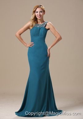 Teal Scoop Prom Dress With Beaded Decorate Shoulder In Atlanta Chiffon