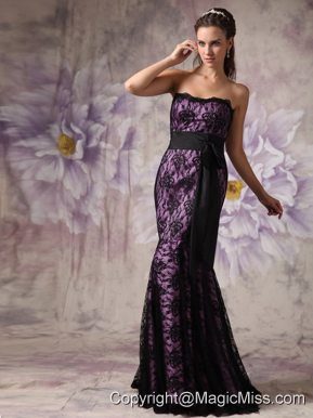 Brand New Eggplant Purple and Black Evening Dress Mermaid Strapless Lace Sashes Brush Train