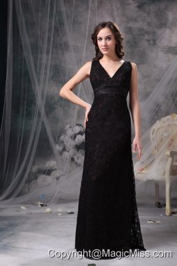 Black Column V-neck Floor-length Lace Belt and Ruch Prom / Celebrity Dress