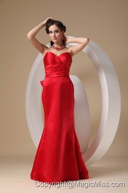 Red Column / Sheath Sweetheart Brush Train Satin Bow Prom Dress