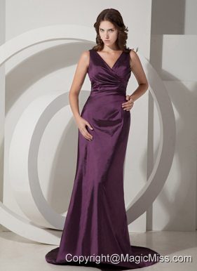 Purple Column / Sheath V-neck Brush/Sweep Taffeta Prom Dress