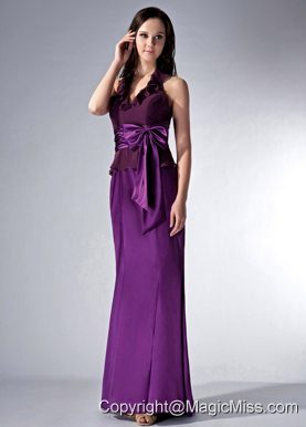 Eggplant Purple Cloumn Halter Brush Train Satin and Chiffon Bow Bridesmaid Dress