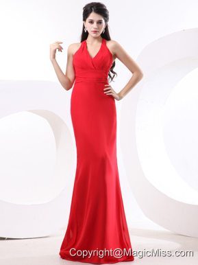 Red Column Prom Dress With Halter Brush Train For Custom Made
