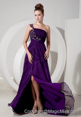Purple Empire One Shoulder Brush Train Chiffon Appliques Prom / Evening Dress