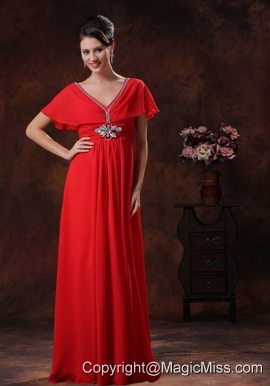 Custom Made Red V-neck Chiffon Prom Dress With Short Sleeves In 2013 Kingman Arizona