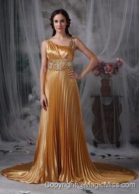 Gold Empire Asymmetrical Brush Train Elastic Woven Satin Beading Prom / Evening Dress