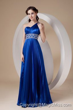Blue Empire One Shoulder Floor-length Elastic Woven Satin Beading Prom Dress